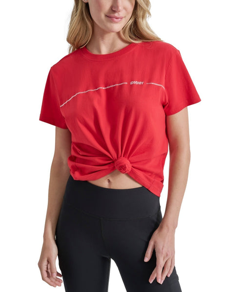 DKNY Sport Women's Rhinestone Stripe Knot T-Shirt Red Light M