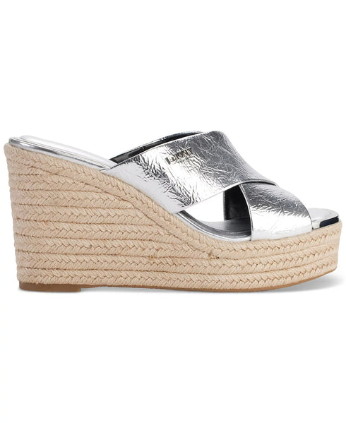 DKNY Women's Maryn Crossband Espadrille Platform Wedge Sandals Silver SIze 6M