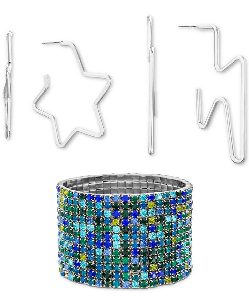 Steve Madden Silver-Tone Multicolor Pavé Stretch Bracelet & 2-Pc. Hoop Earring