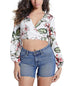 GUESS Womens White Floral Long Sleeve V Neck Crop Top Size Large