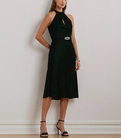 Lauren Ralph Lauren Women's Belted Velvet Halter Dress Emerald Green Velvet 6