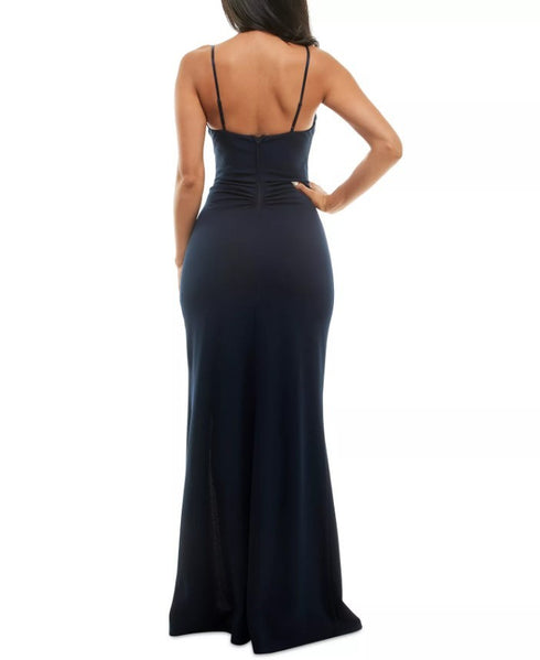 Emerald Sundae Juniors' Mesh-Trim Ruched Gown Navy XL