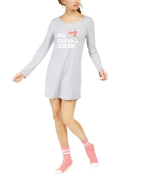 Jenni Grey Printed Sleep Shirt & Sock Set "So Elfing Tired" Cat- Medium