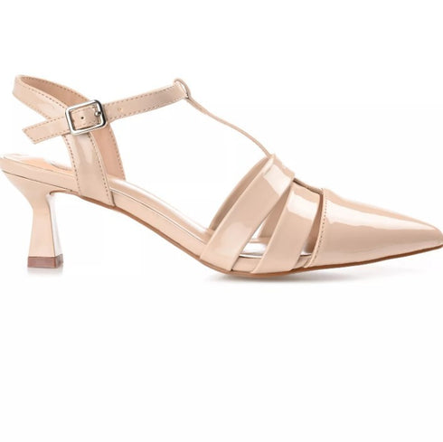 Journee Collection Women's Jazlynn T Strap Kitten Heel Pumps Nude Patent 9 M