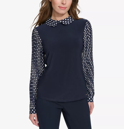 Tommy Hilfiger Women's Collared Pleated-Sleeve Top Mdngt/Toba S