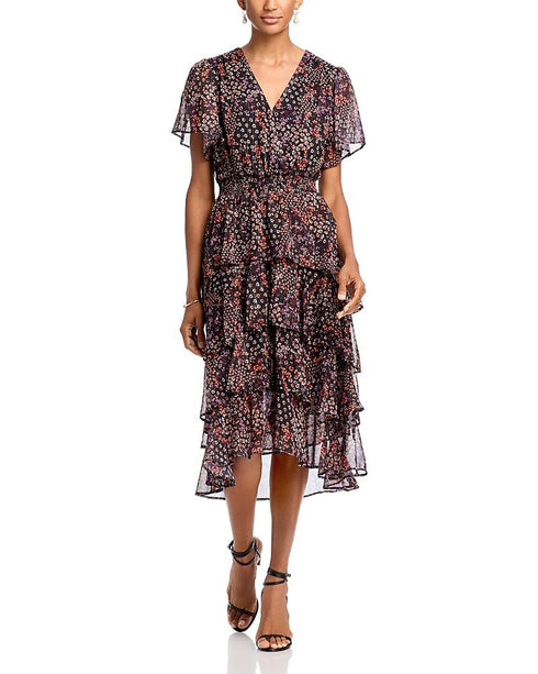 Koko + Mason Tiered MIDI Dress Brown Floral Size XS