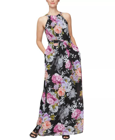 SL Fashions Women's Belted Halter Maxi Dress Black Multicolor 18
