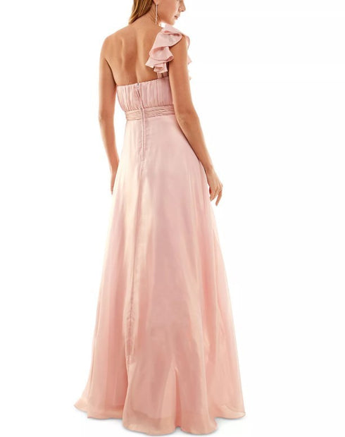 City Studios Juniors' Asymmetric Pleated Ruffled Gown Blush Gold 3