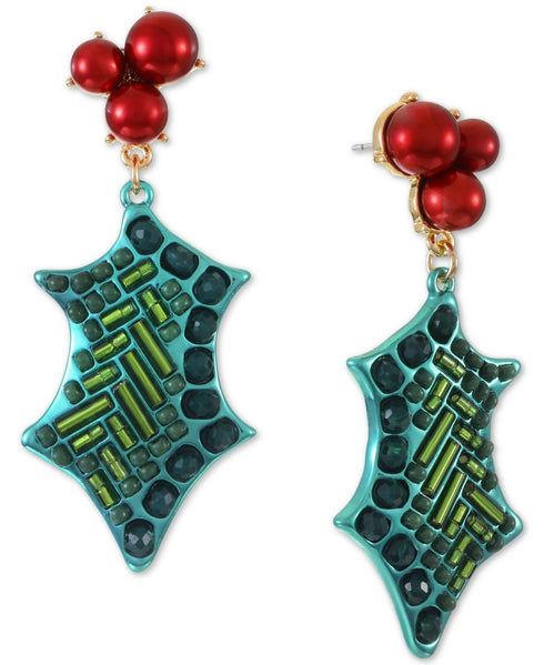 Holiday Lane Gold-Tone Bead & Imitation Pearl Holly Drop Earrings