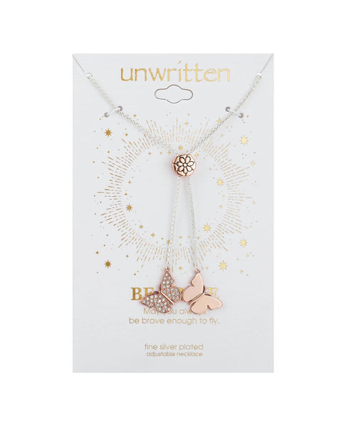 Unwritten Fine Silver Plated Rose Gold Butterfly Adjustable Bolo Necklace