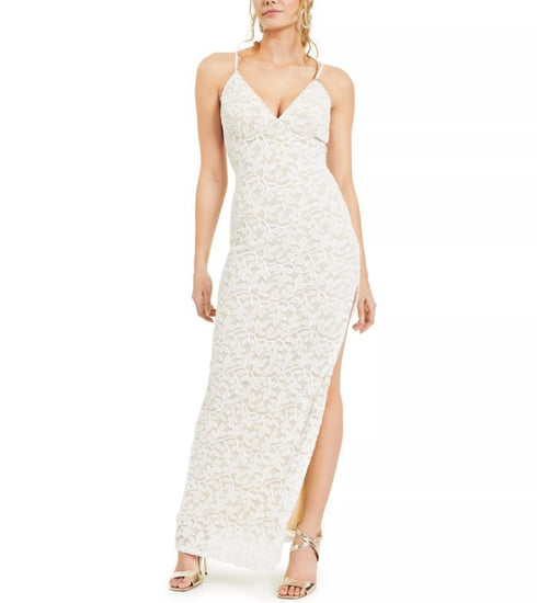Emerald Sundae Juniors' Slim Allover-Lace Side-Slit Gown Ivory L