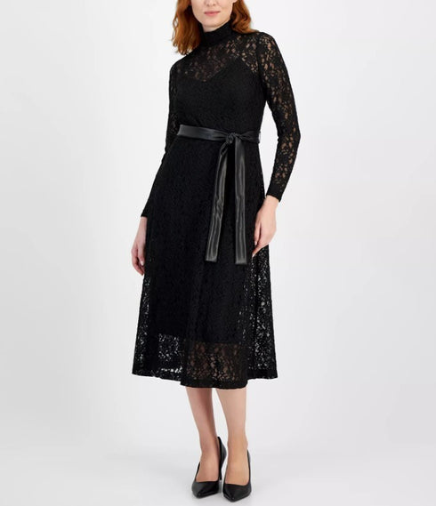 Anne Klein Women's Lace Long-Sleeve Mock Neck Dress Black S