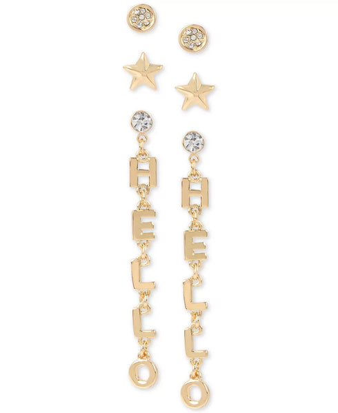 BCBGeneration Gold-Tone 3-Pc. Set Crystal Stud & Hello Drop Earrings