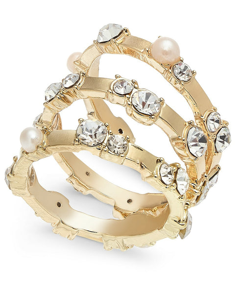Inc Gold-Tone 3-Pc Set Kiska Pearl & Crystal Stacking size 10 Rings $34