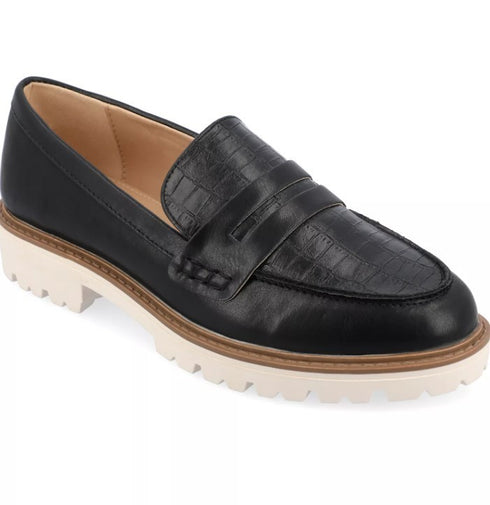 Journee Collection Womens Ken Lug Sole Solid Loafers Black Croco 9.5M