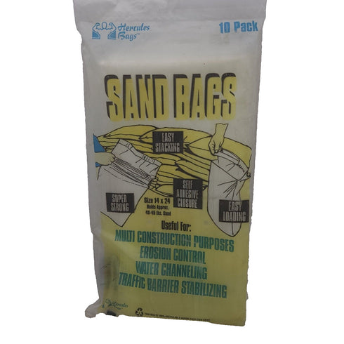 Hercules Bags 10 Clear Plastic Self-adhesive Sand Bags 14x 24 Holds 40-45Lb Sand