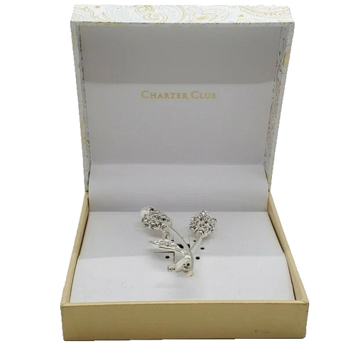 Charter Club Silver-Tone Crystal & Imitation Pearl Tulip Pin