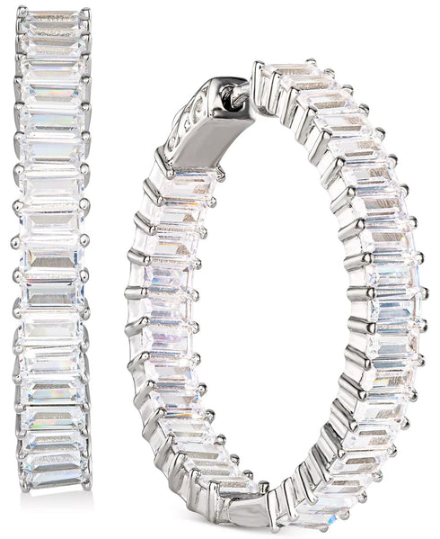 Macy's Cubic Zirconia Medium Baguette Hoop Earrings in Sterling Silver, 1.21"