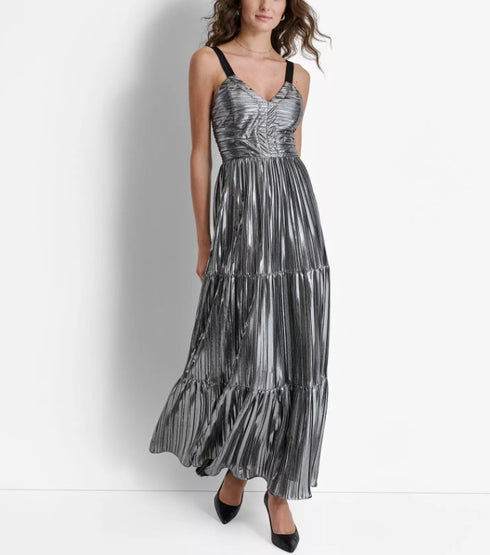 DKNY Women's Foil Plissé V-Neck Sleeveless Maxi Dress Sliver L