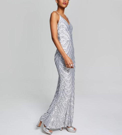 B Darlin Juniors' Sequined Bungee-Strap Gown Gray Silver 15/16