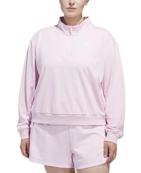 adidas Plus Size Inclusive Small Logo French Terry Quarter Zip Top Pink 1X