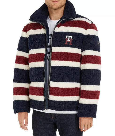 TOMMY HILFIGER Men's Striped Teddy Down Jacket Red/ White/ Blue Size XXL