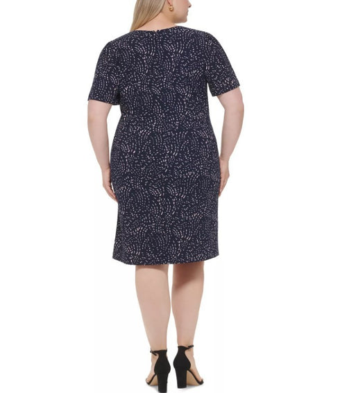 DKNY Plus Size Printed Ruched Faux-Wrap Dress Navy Pink 16W