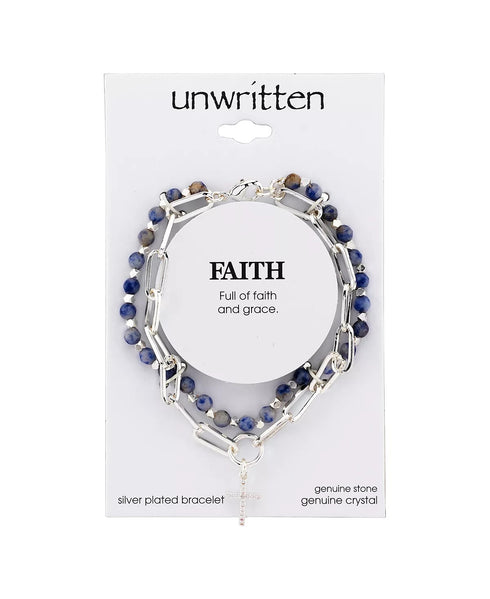 UNWRITTEN Genuine Sodalite Stone Strand Plated Silver Crystal Cross Bracelet