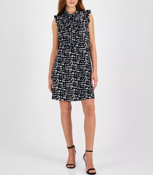 Robbie Bee Women's Printed Tie-Neck A-Line Dress Ivory Black M