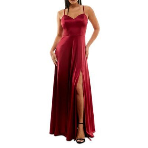 City Studios Juniors' Side-Slit Satin Gown with Pockets Cardinal 1