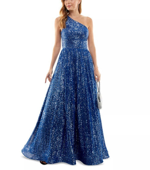 B Darlin Juniors' One-Shoulder Sequined Ball Gown Sapphire 12