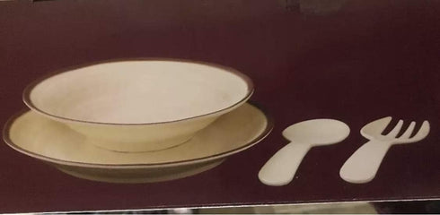 Four Piece Melamine Serving Set - Cream Color - Platter, Bowl, Fork and Spoon