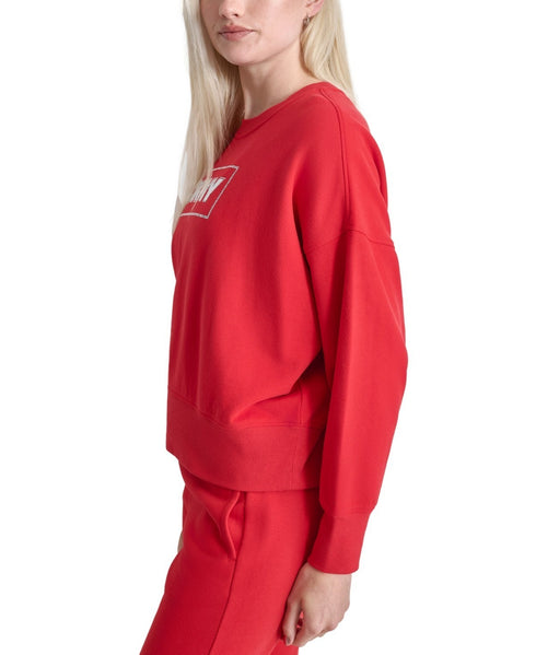 DKNY Sport Women's Rhinestone Crewneck Fleece Sweatshirt Red Light XL