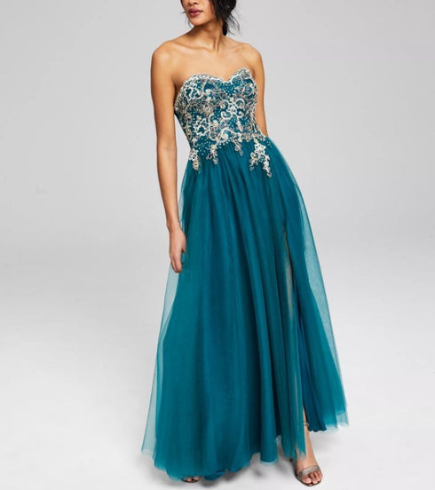 Blondie Nites Juniors' Strapless Mesh Ball Gown Teal Gold 7