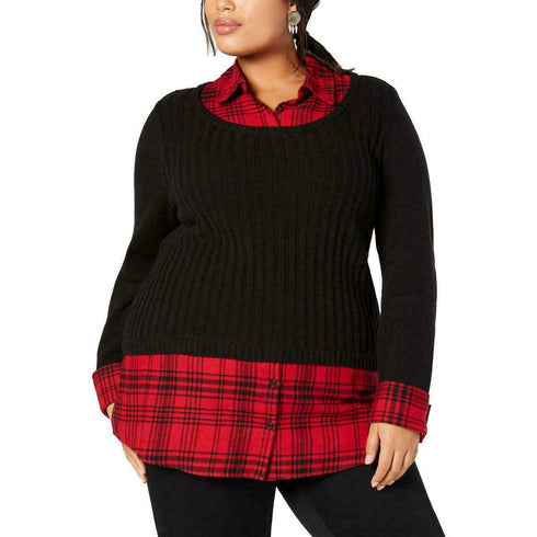 Style & Co. Womens Plaid Long Sleeves Pullover Sweater Top Plus