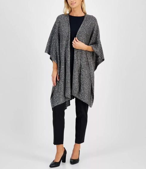Anne Klein Women's Sequin Trim Open-Front Cape Dark Heather Gray L/XL