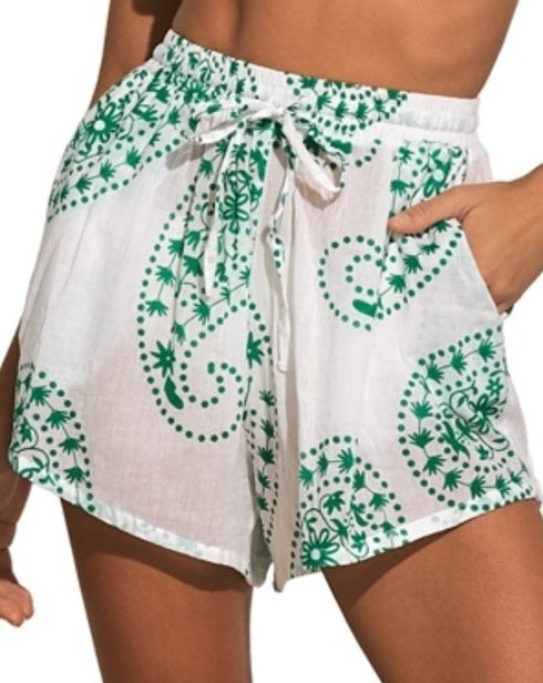 Elan Elastic Waistband Printed Swim Cover up Shorts White Green Size M