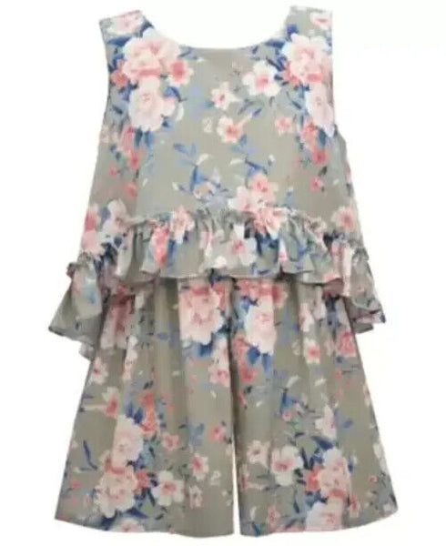 Bonnie Jean Big Girls Printed Bubble Crepe Romper Popover Top & Bow Back Size 7