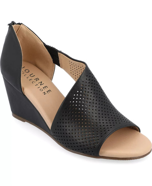 Journee Collection Women's Aretha Perforated Peep Toe Wedge Sandals Black 6.5W