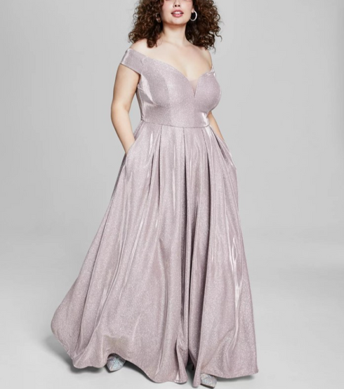 B Darlin Juniors' Off-The-Shoulder Glitter Gown Rose 3/4