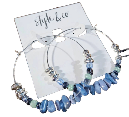 STYLE & CO SILVER-TONE BLUE MULTI-BEAD LARGE HOOP EARRINGS 2.1" NWT