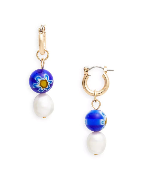 AQUA Flower Painted Bead & Imitation Pearl Charm Hoop Earrings in 14K Gold Plate