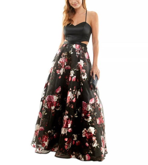 Crystal Doll Juniors' Printed-Skirt Ball Gown Black Mauve 3
