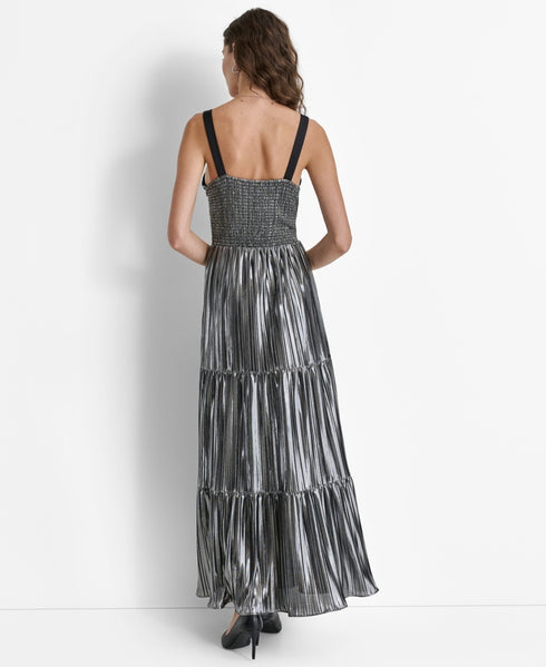 DKNY Women's Foil Plissé V-Neck Sleeveless Maxi Dress Sliver L