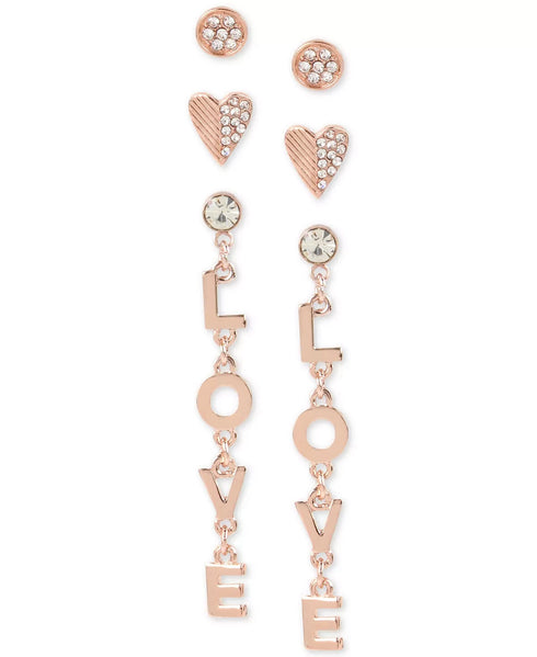 BCBGeneration Rose Gold-Tone 3-Piece Set Crystal Stud & Love Drop Earrings