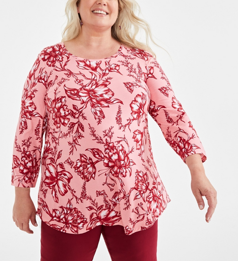 Jm Collection Printed 3/4-Sleeve Top Peach Floral Plus Size 1X