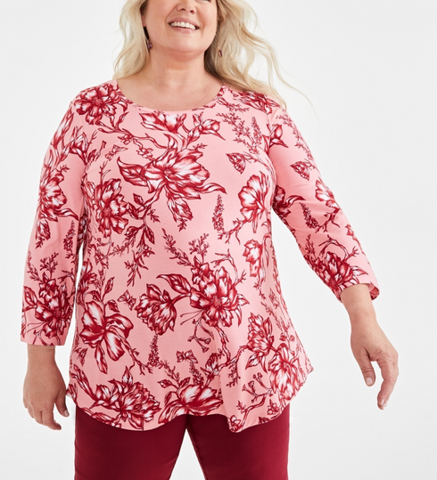 Jm Collection Printed 3/4-Sleeve Top Peach Floral Plus Size 1X
