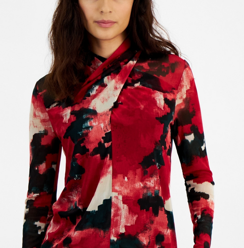 Bar Iii Women's Printed Twist-Neck Long-Sleeve Mesh Top Pomegranate Size S