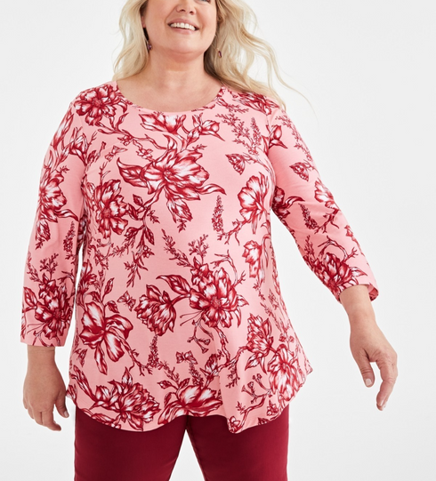 Jm Collection Plus Size Printed 3/4-Sleeve Top Peach Floral Size 3X