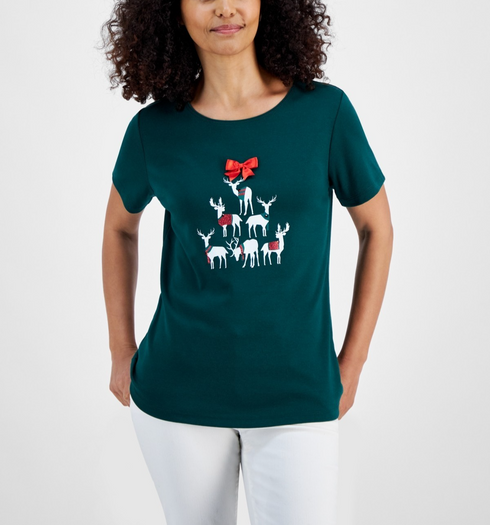 Holiday Lane Women's Deer Celebration Short-Sleeve Top Spruce Night Combo XL
